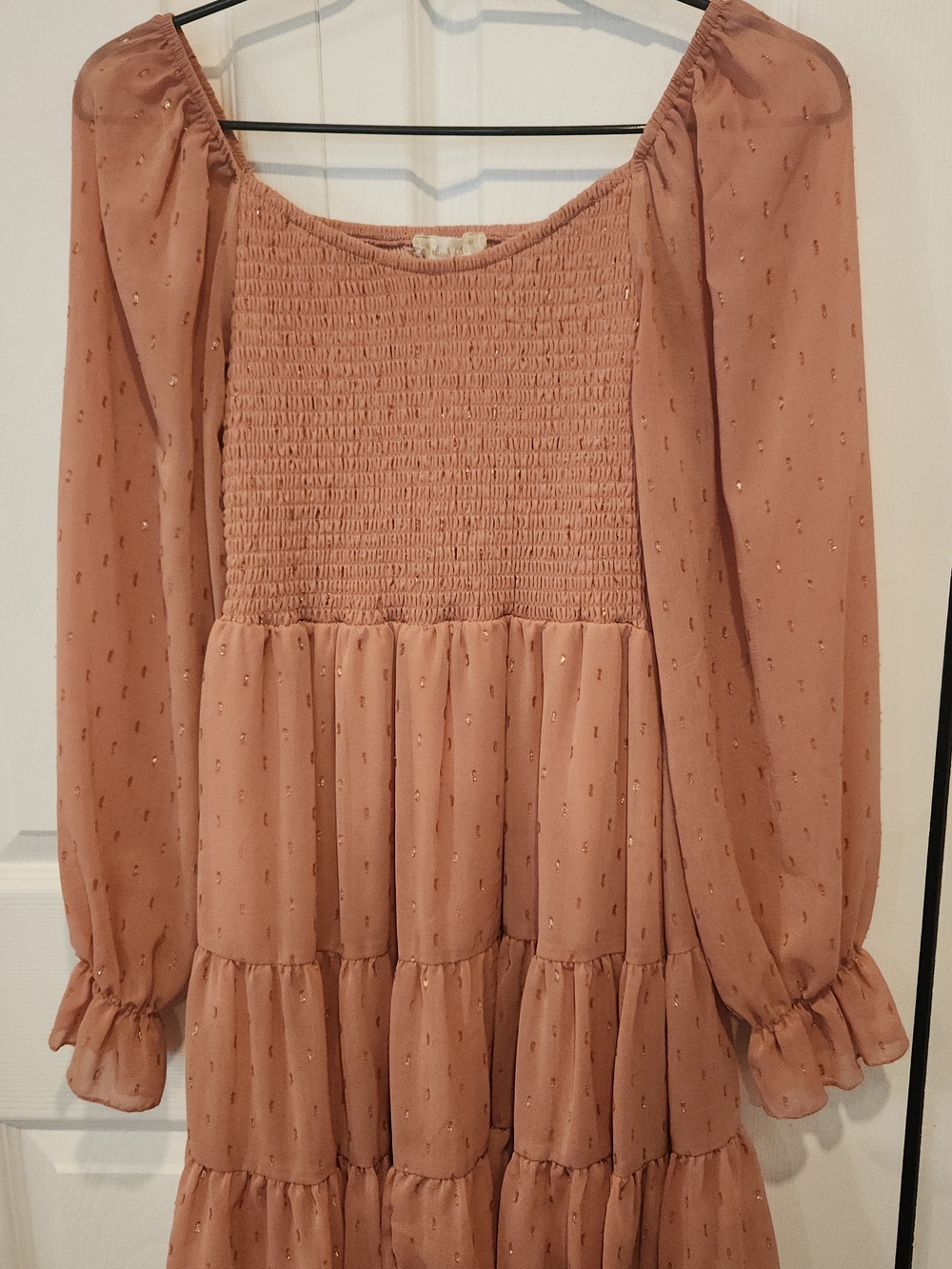 Altar'd State Dusty Coral Smocked Tiered Long-Sleeve Dress XS